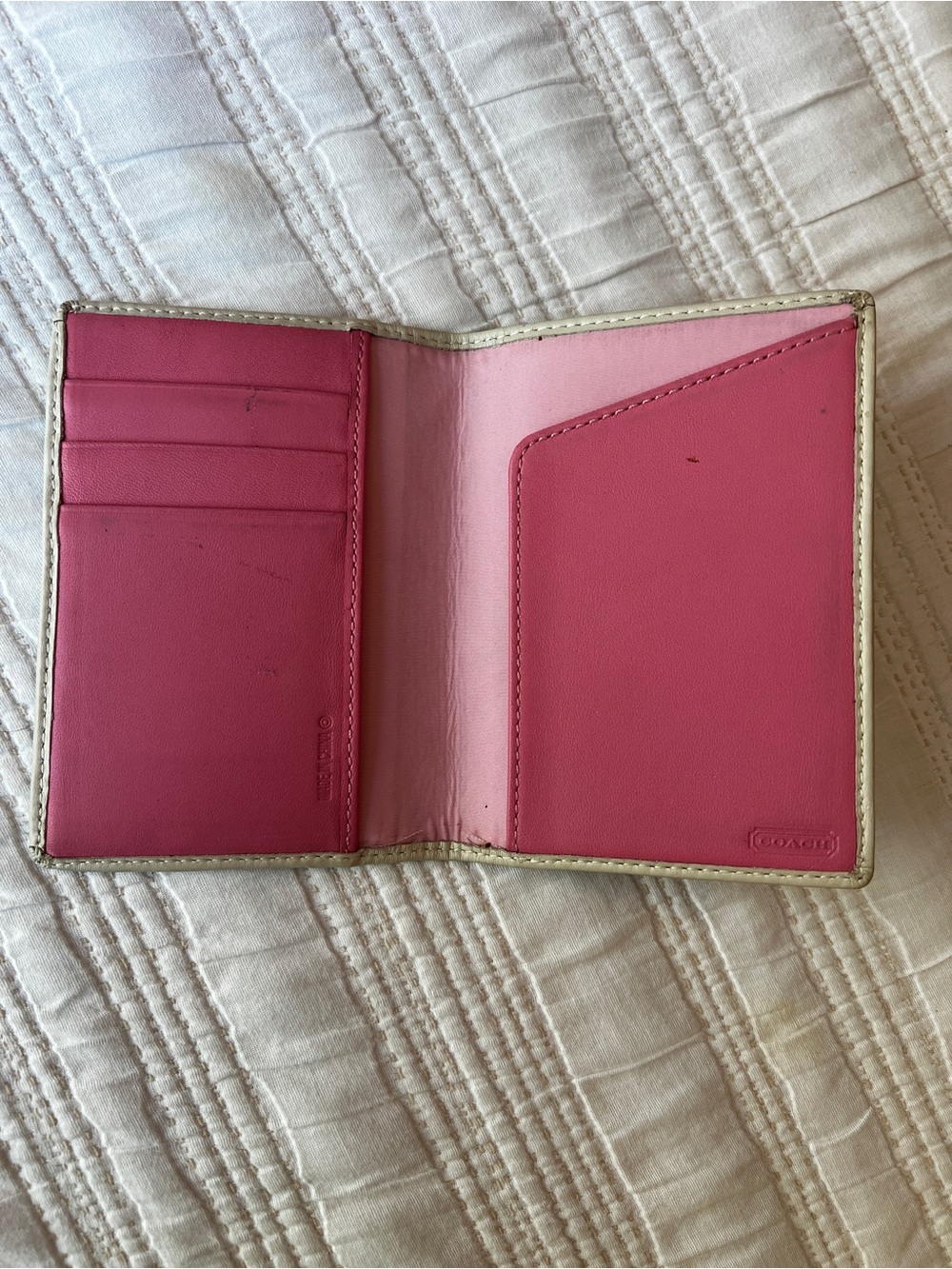 Coach Tan Signature Passport Cover with Pink and Cream Stripe - Picture 3 of 3